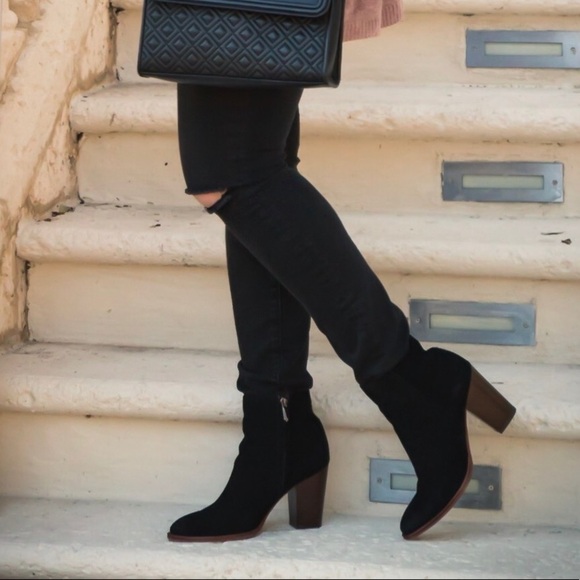 Sam Edelman • Blake suede bootie black leather heeled ankle boot pointed toe - Picture 8 of 16